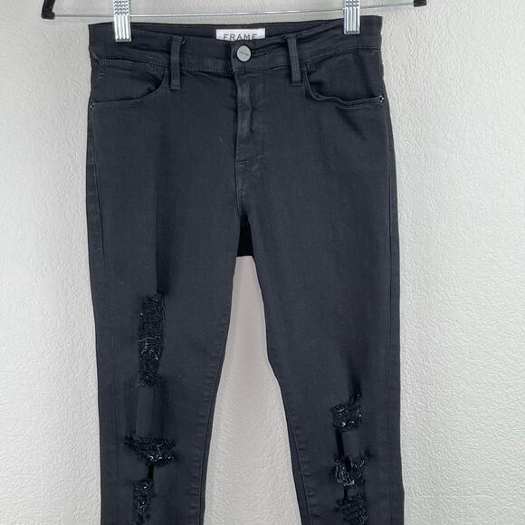 Frame Le High Skinny Low Rise Denim Jeans in Noir Jefferson Black Distressed 26 - Picture 6 of 16
